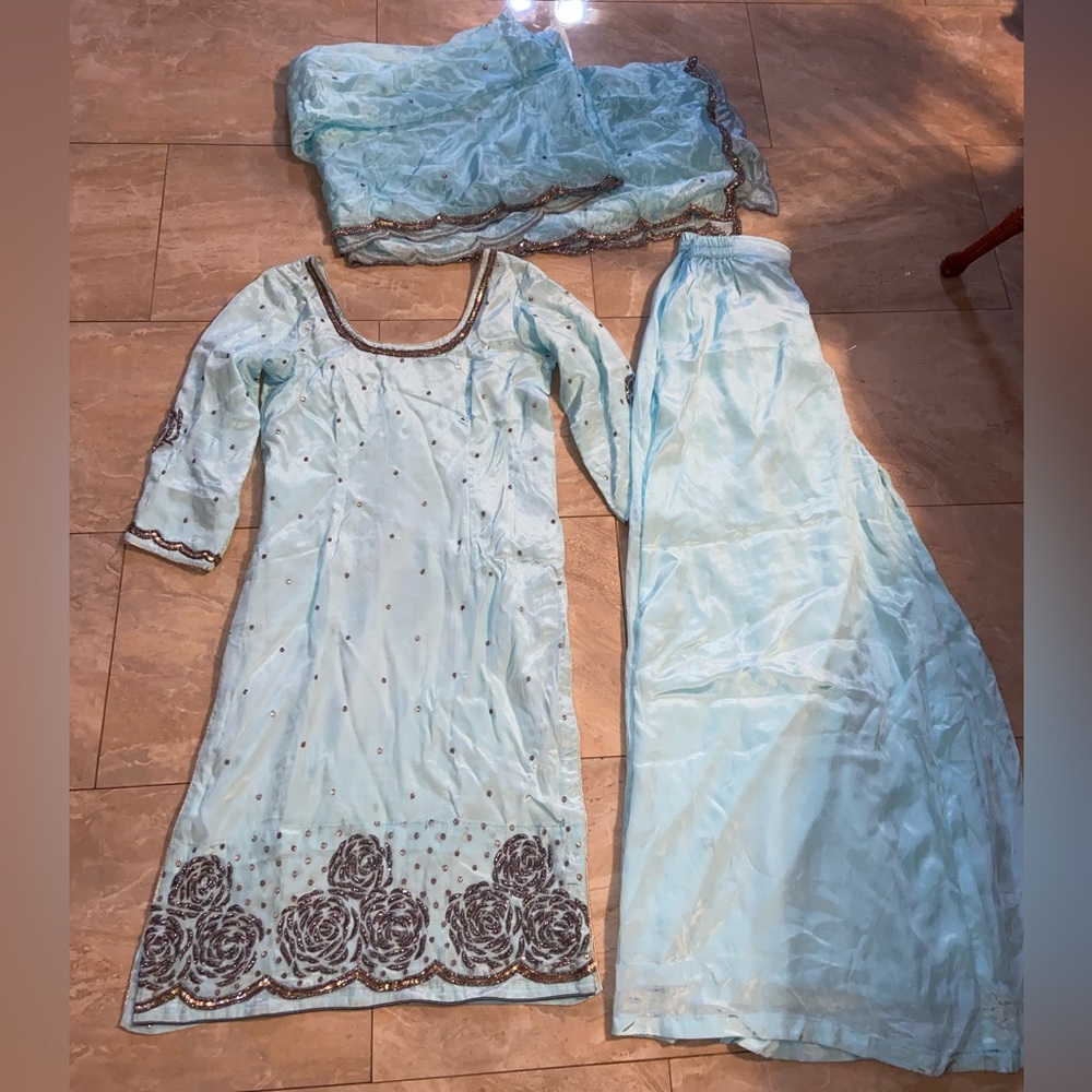 Elegant Light Blue Beaded Embroidered Indian Sharara 3-Piece Set Wedding Guest